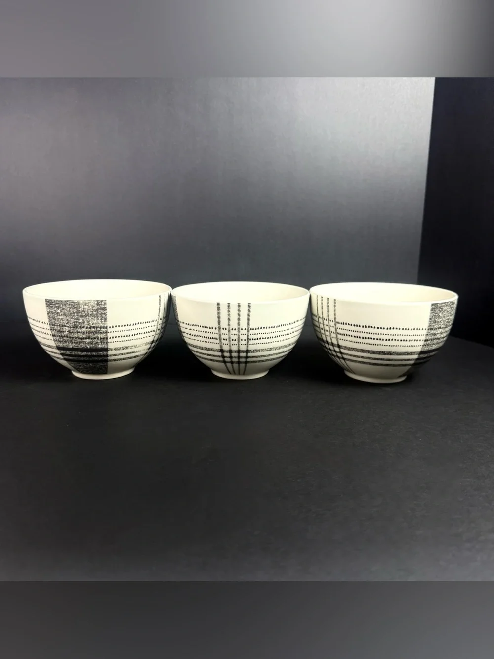 Set Of 3 Retired West Elm Black Original Plaid Cereal Bowls Stoneware
